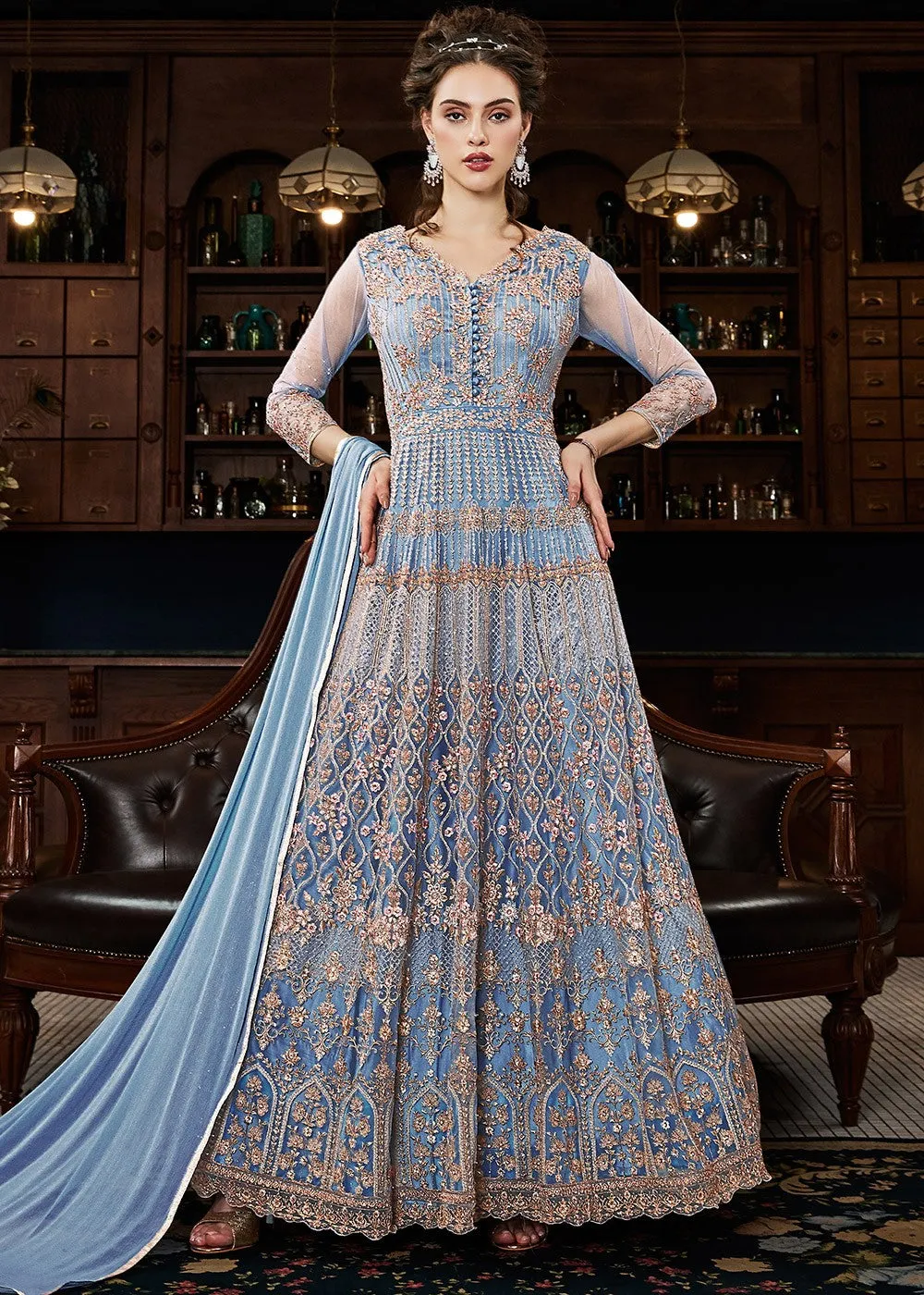 Blue Multi Embroidered Traditional Anarkali Gown