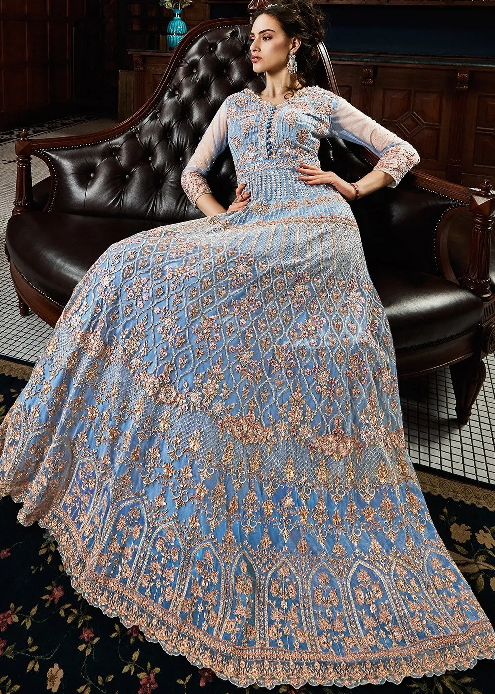 Blue Multi Embroidered Traditional Anarkali Gown