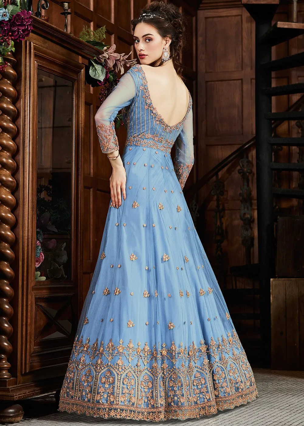 Blue Multi Embroidered Traditional Anarkali Gown