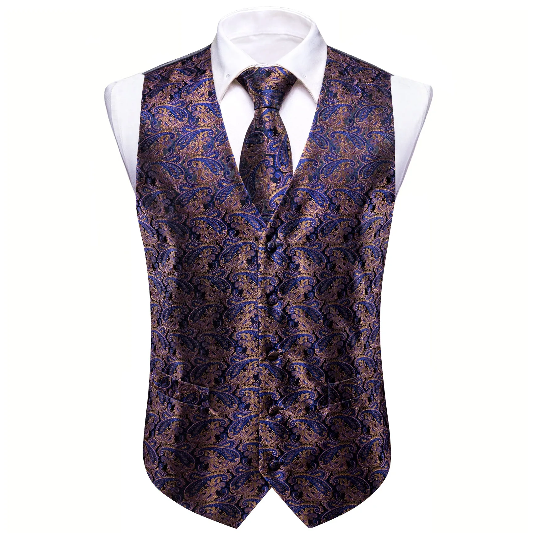 Blue Paisley Jacquard Silk Men's Vest Hanky Cufflinks Tie Set