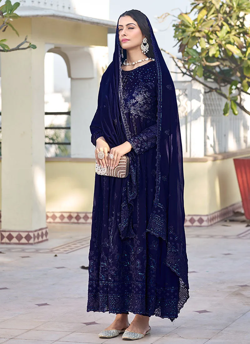 Blue Thread Embroidery Traditional Anarkali Suit