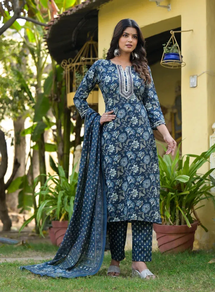 Blue Viscose Printed Straight Cut Kurta Pant Set with Chanderi Cotton Dupatta