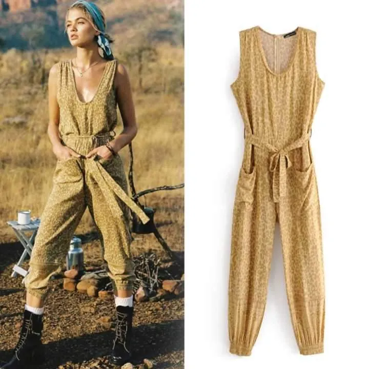 Boho Mustard Color Leopard Print Loose Deep Round Neck Tie Holiday Jumpsuit