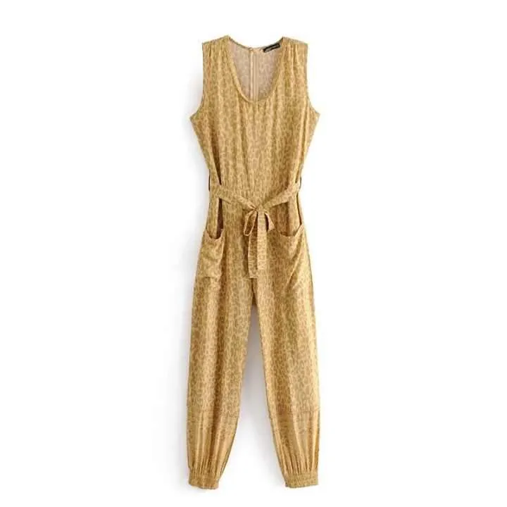 Boho Mustard Color Leopard Print Loose Deep Round Neck Tie Holiday Jumpsuit