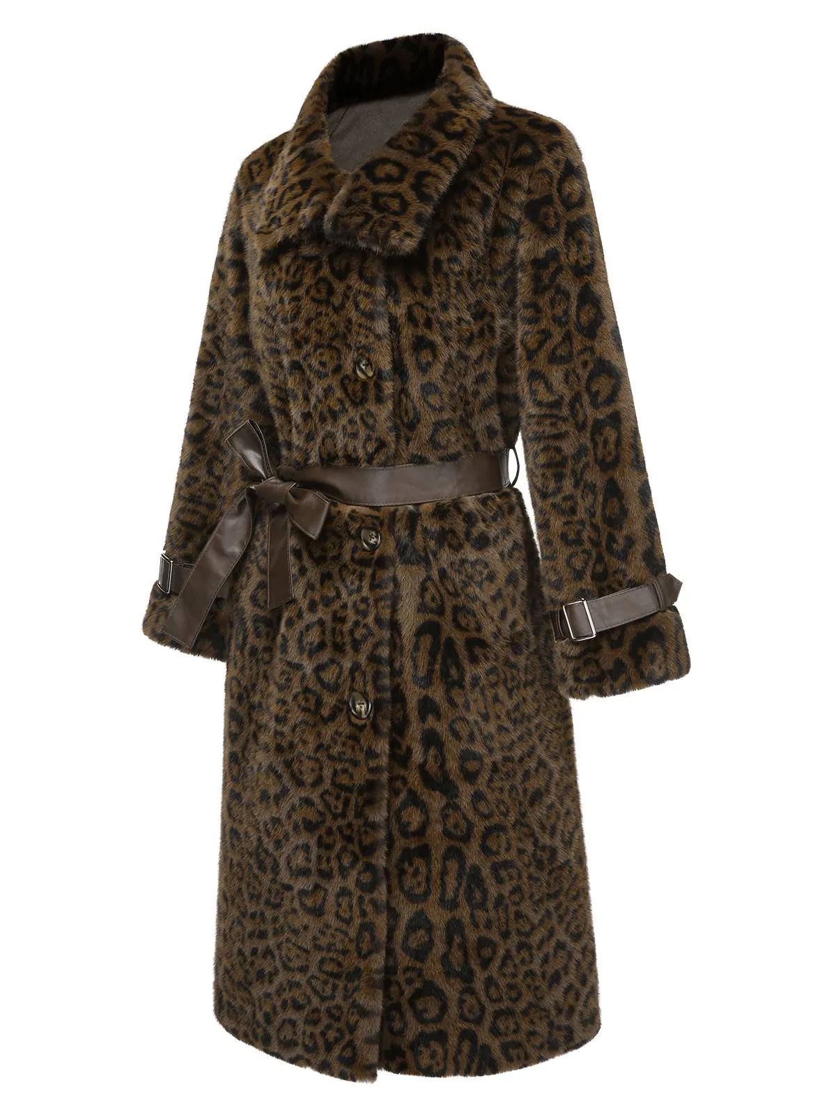 Brown 1950s Leopard Lapel Faux Fur Coat