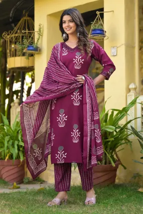 Burgandy Viscose Printed Straight Cut Kurta Pant Set with Chanderi Cotton Dupatta