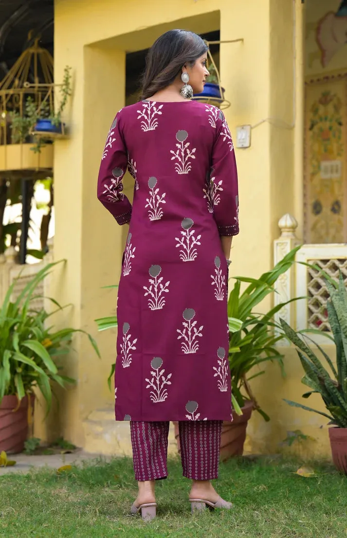 Burgandy Viscose Printed Straight Cut Kurta Pant Set with Chanderi Cotton Dupatta