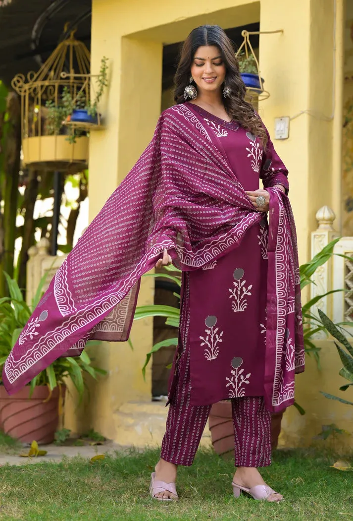 Burgandy Viscose Printed Straight Cut Kurta Pant Set with Chanderi Cotton Dupatta