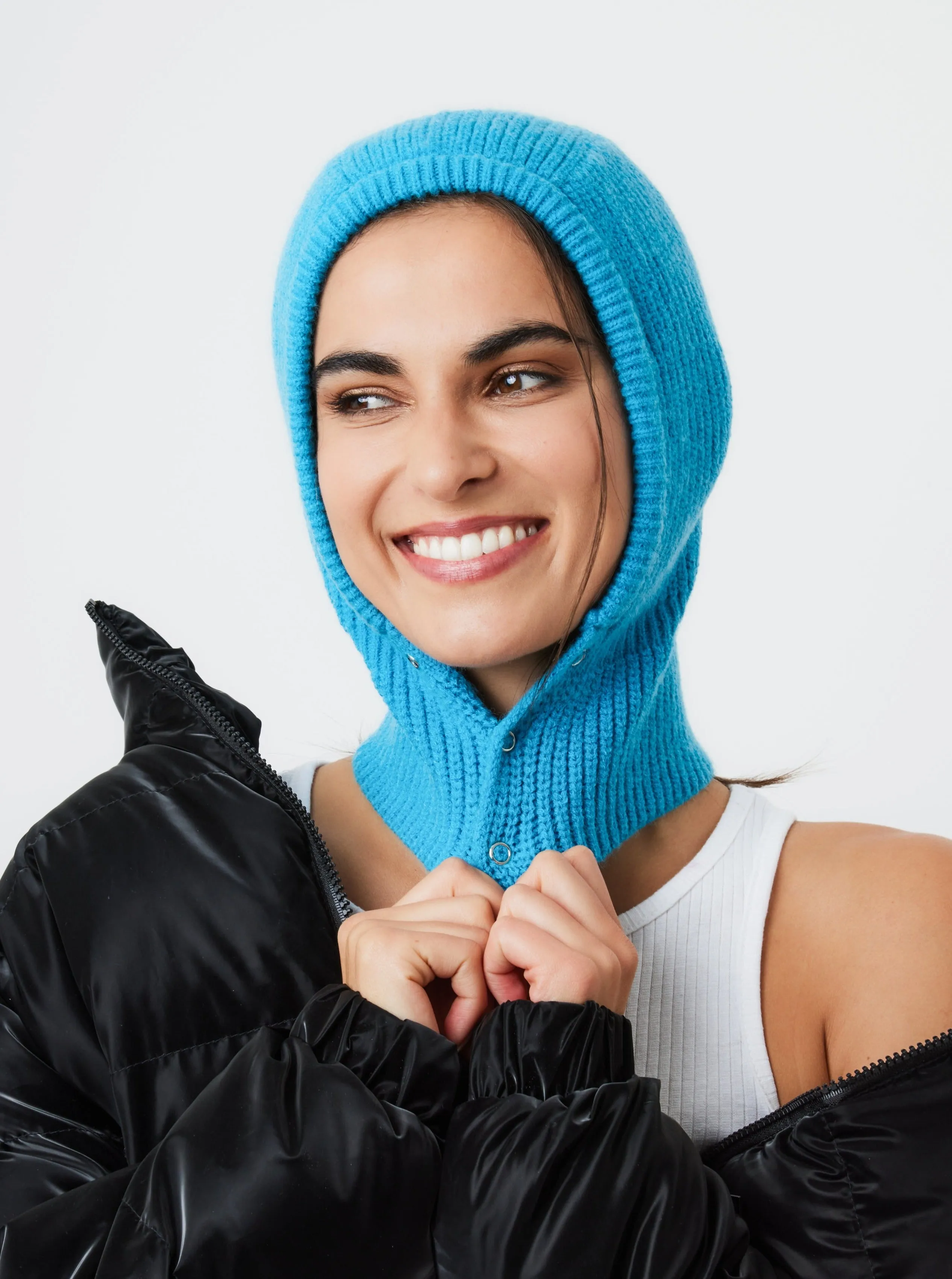 Button Up Knitted Hood Balaclava in Blue