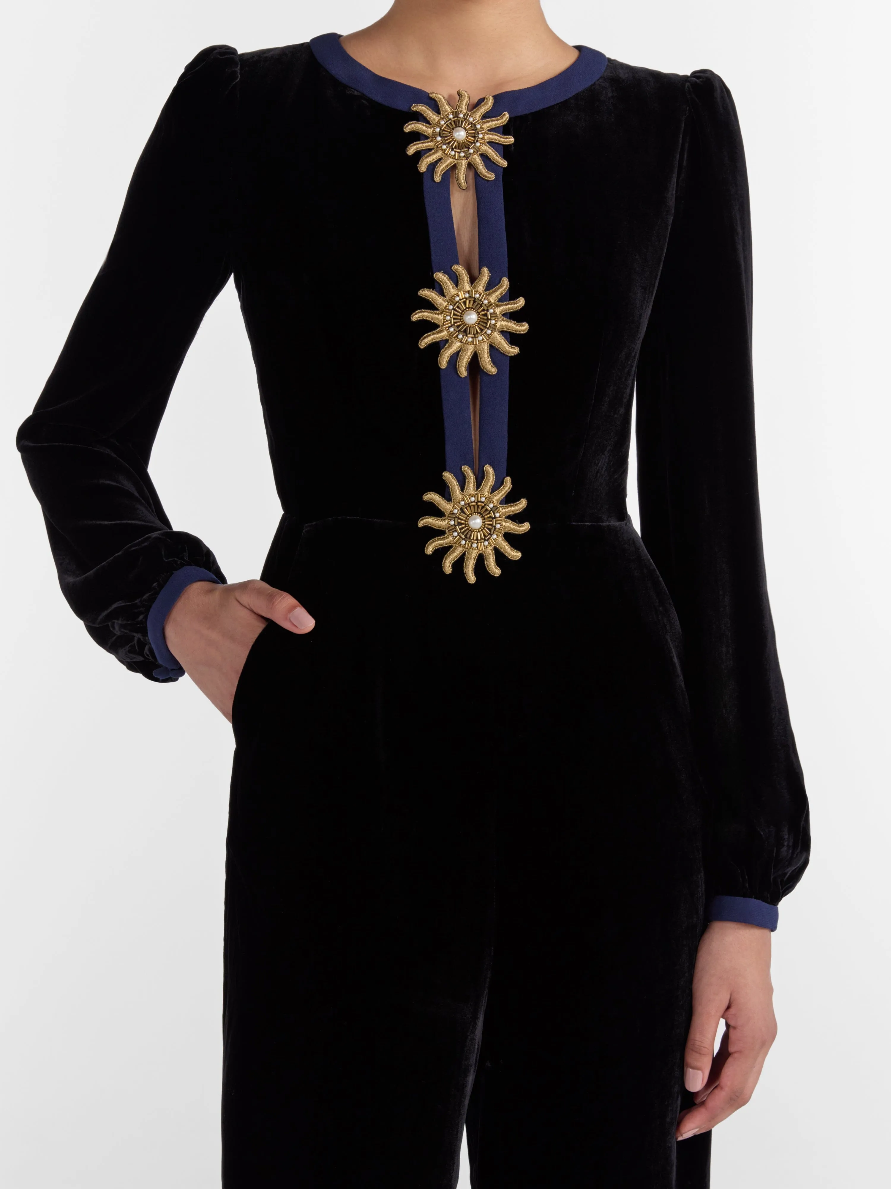 Camille Bows Jumpsuit in Black Gold Embroidery