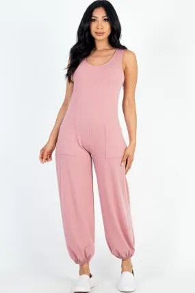 Casual Solid French Terry Sleeveless Scoop Neck Front Pocket Jumpsuit