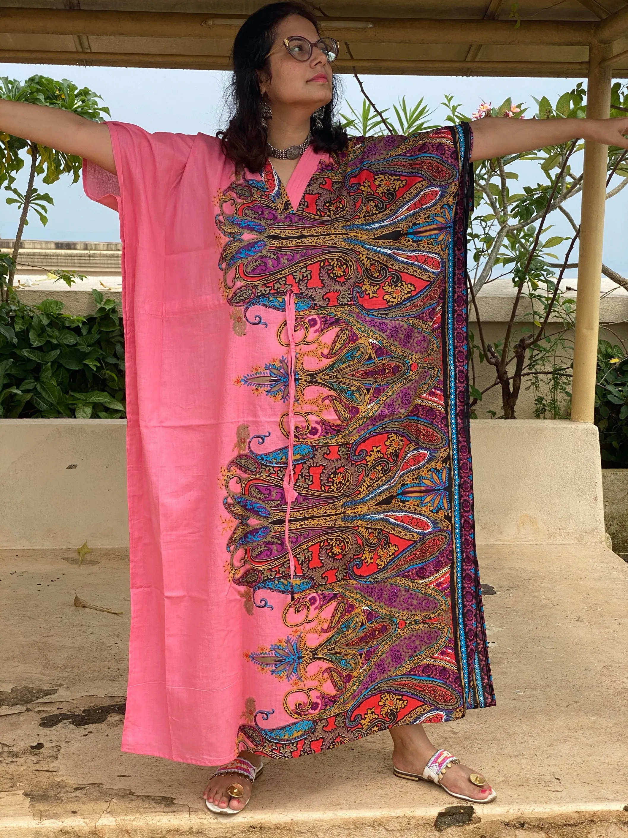 Cheerful Paisleys V-Neck, Cinched Waist Ankle Length Kaftan