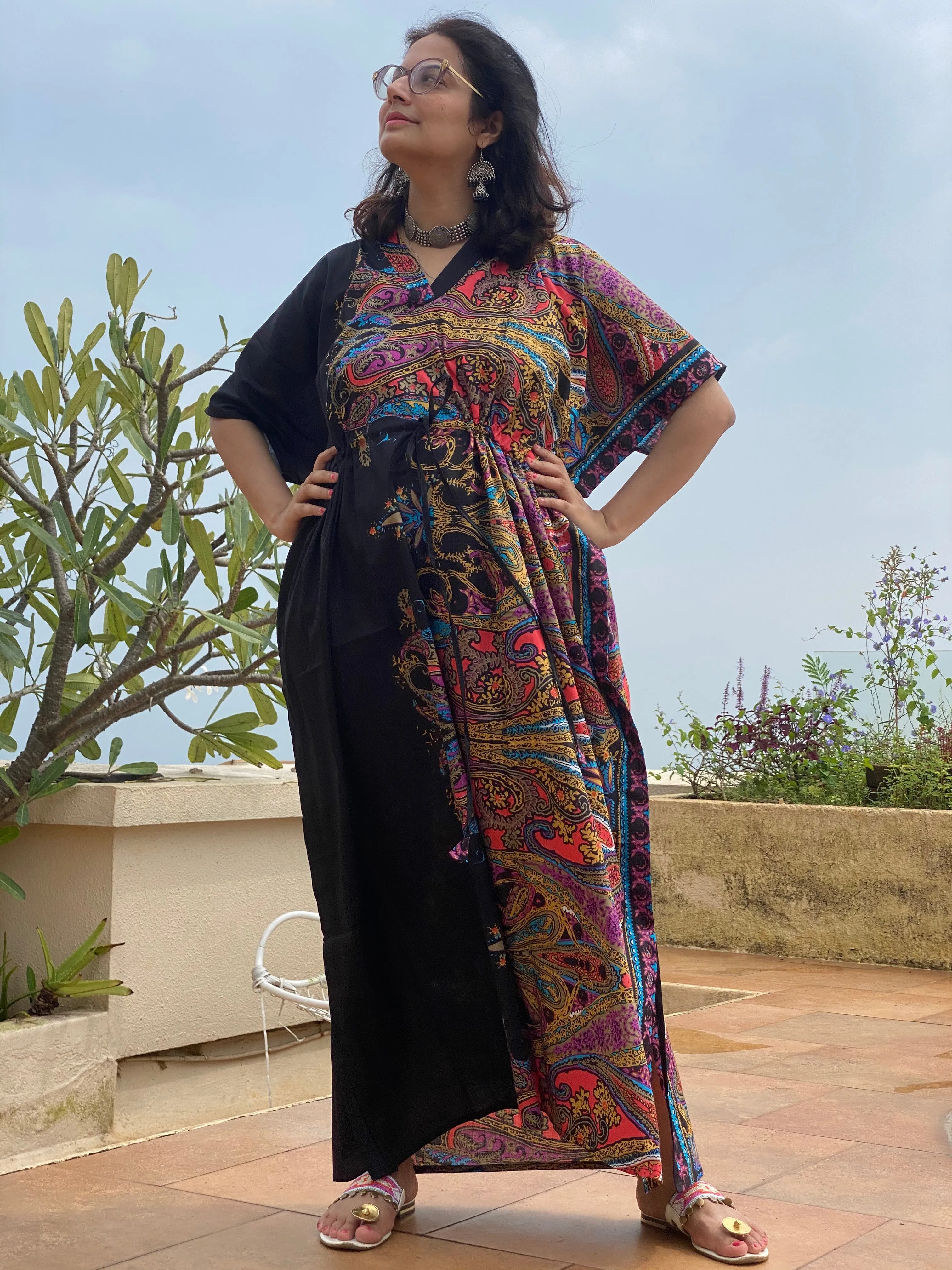 Cheerful Paisleys V-Neck, Cinched Waist Ankle Length Kaftan