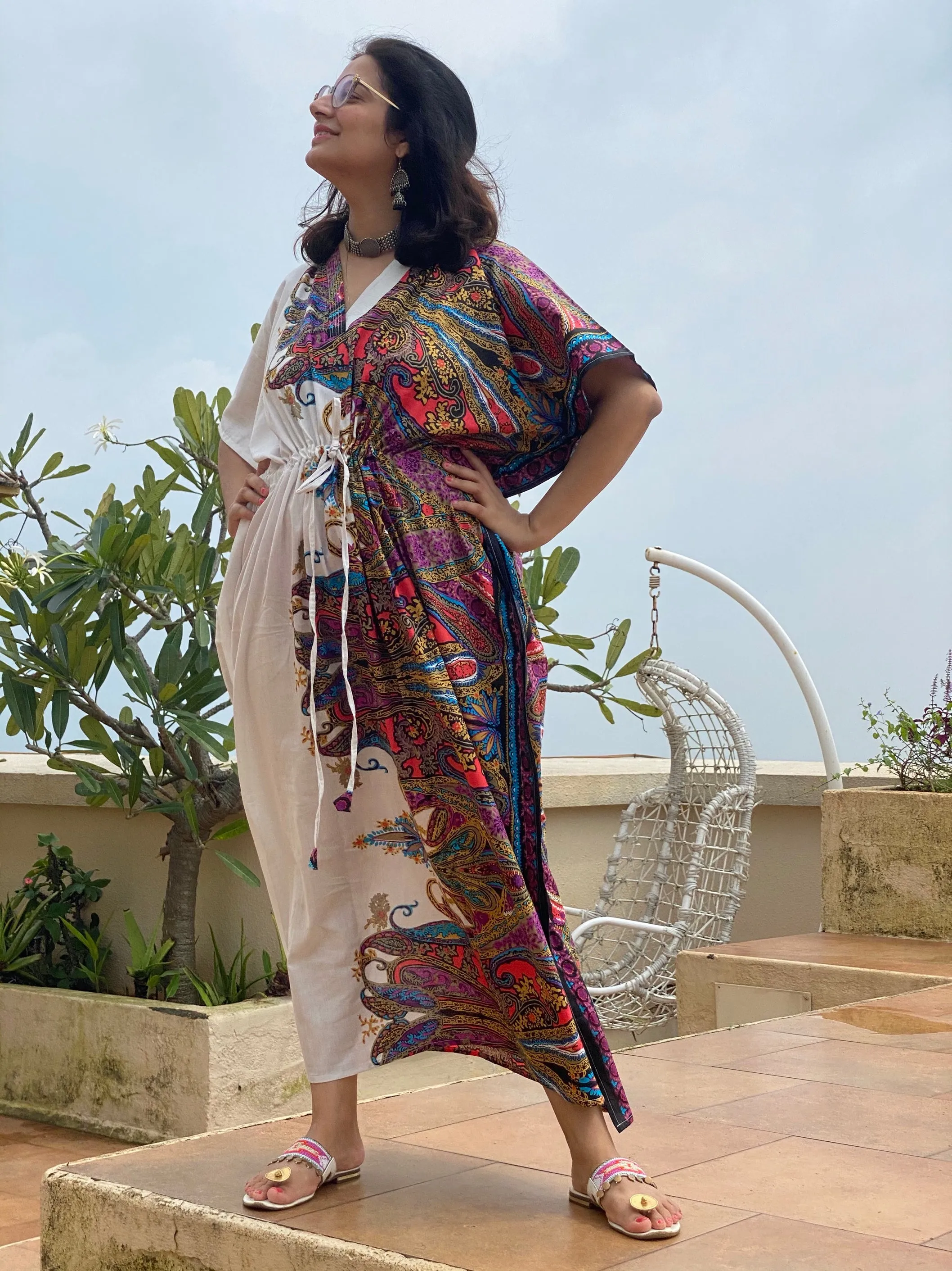 Cheerful Paisleys V-Neck, Cinched Waist Ankle Length Kaftan