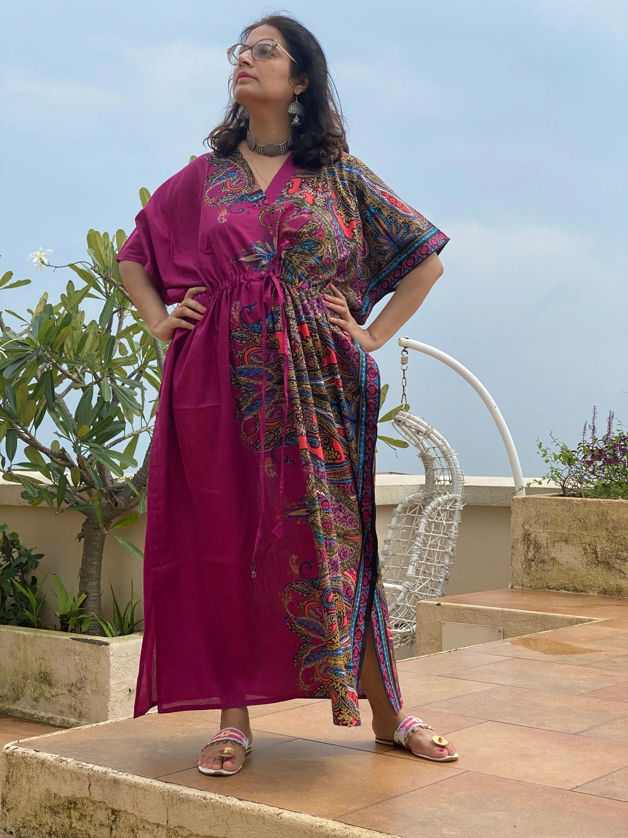 Cheerful Paisleys V-Neck, Cinched Waist Ankle Length Kaftan