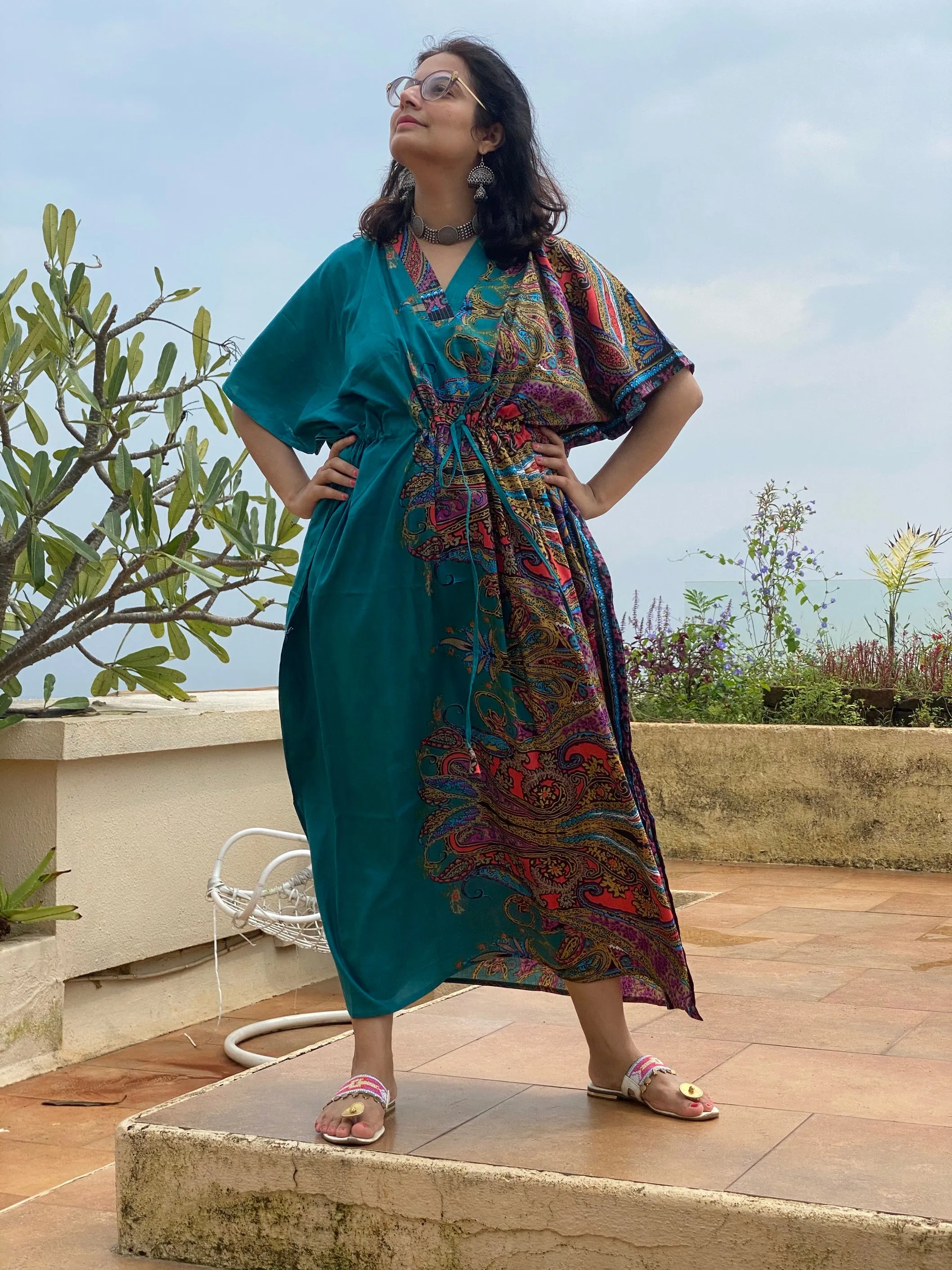 Cheerful Paisleys V-Neck, Cinched Waist Ankle Length Kaftan