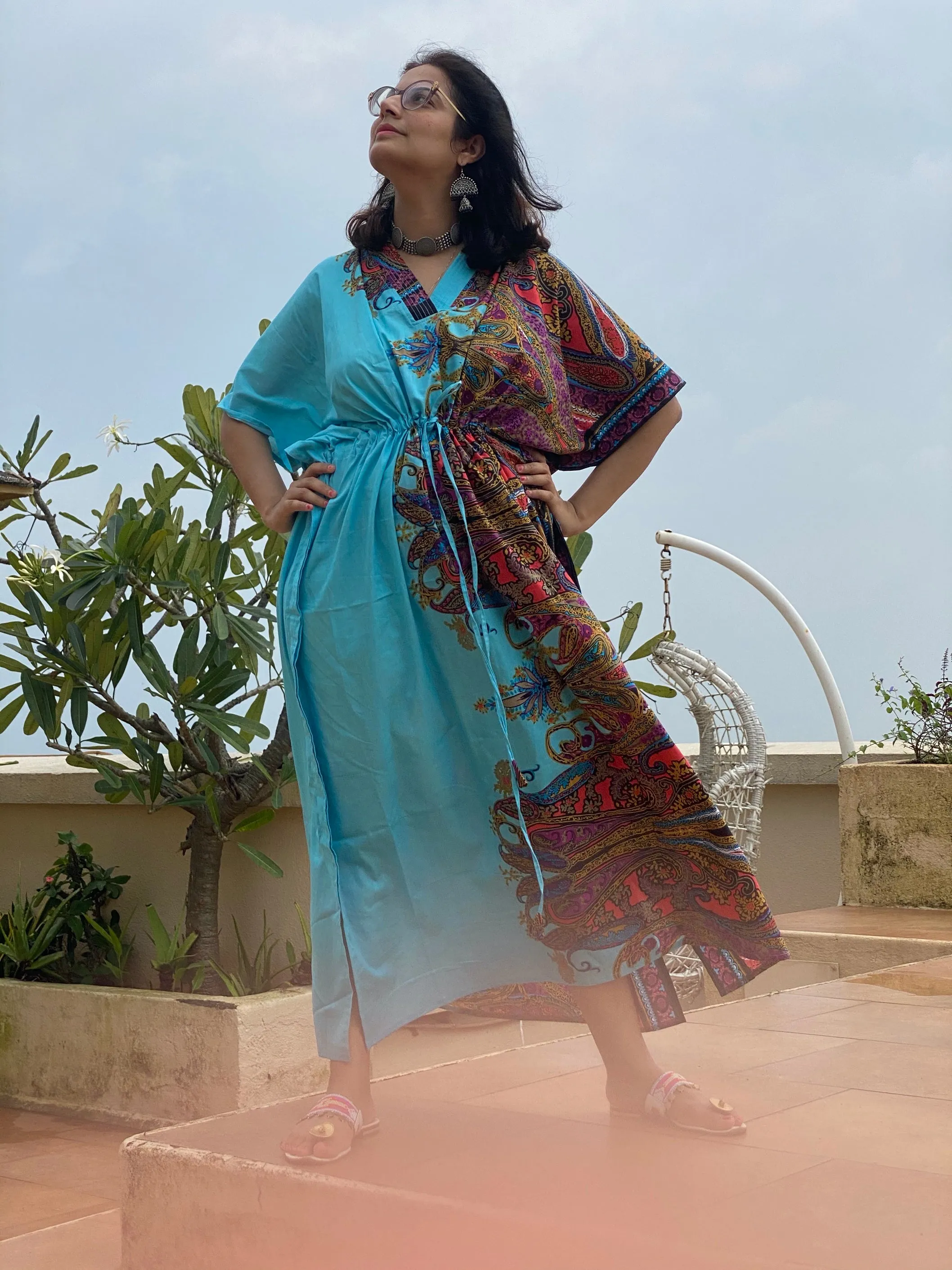 Cheerful Paisleys V-Neck, Cinched Waist Ankle Length Kaftan