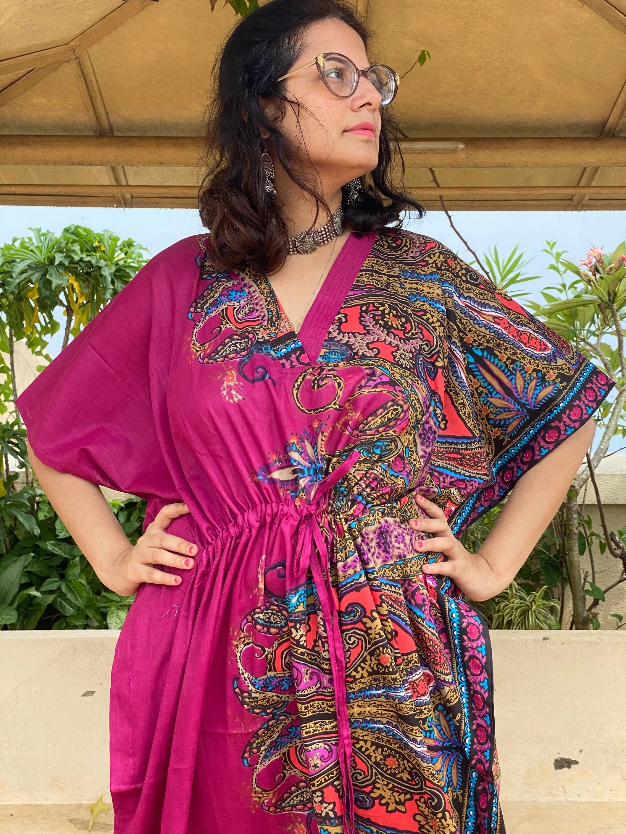 Cheerful Paisleys V-Neck, Cinched Waist Ankle Length Kaftan