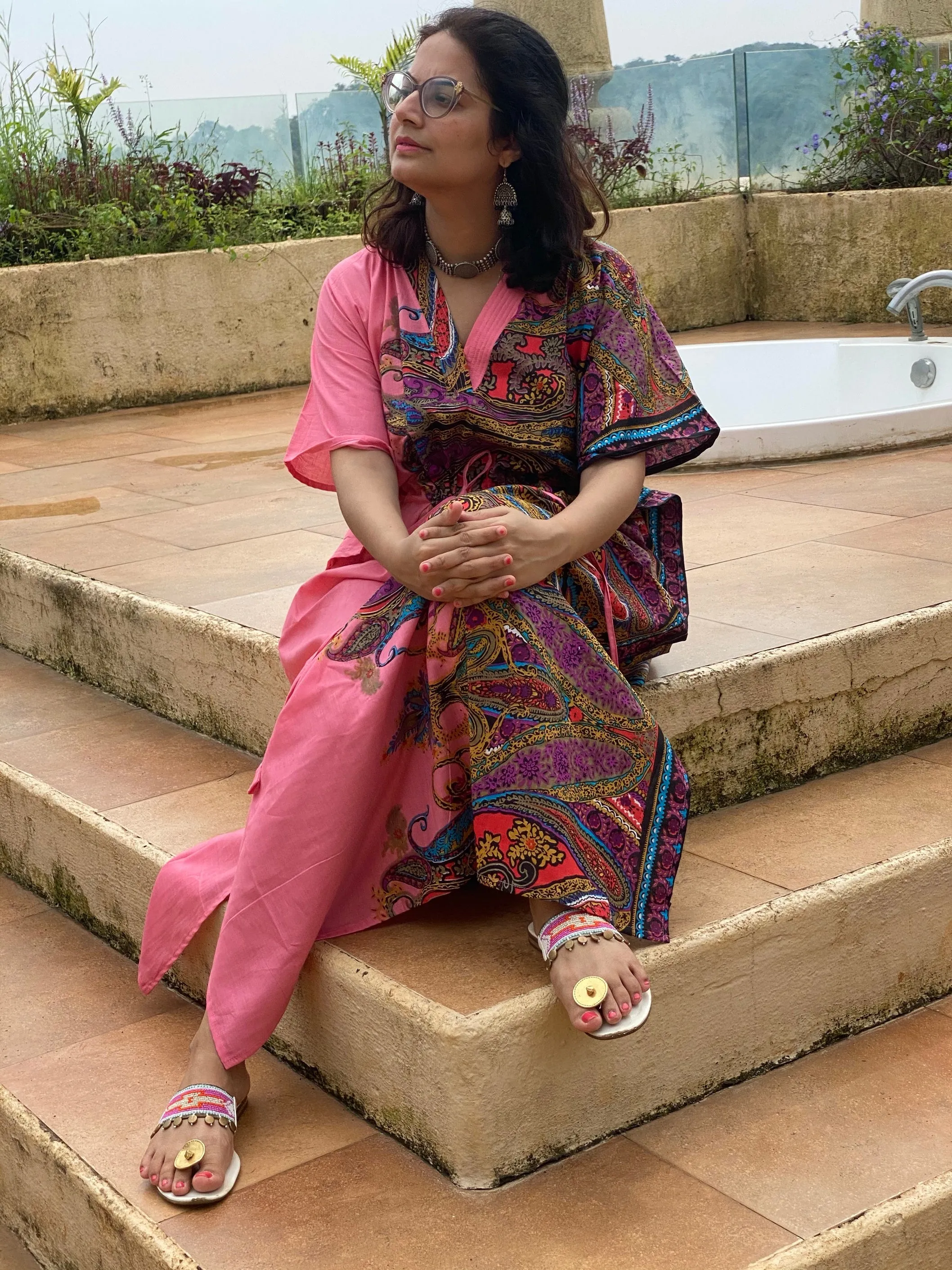 Cheerful Paisleys V-Neck, Cinched Waist Ankle Length Kaftan