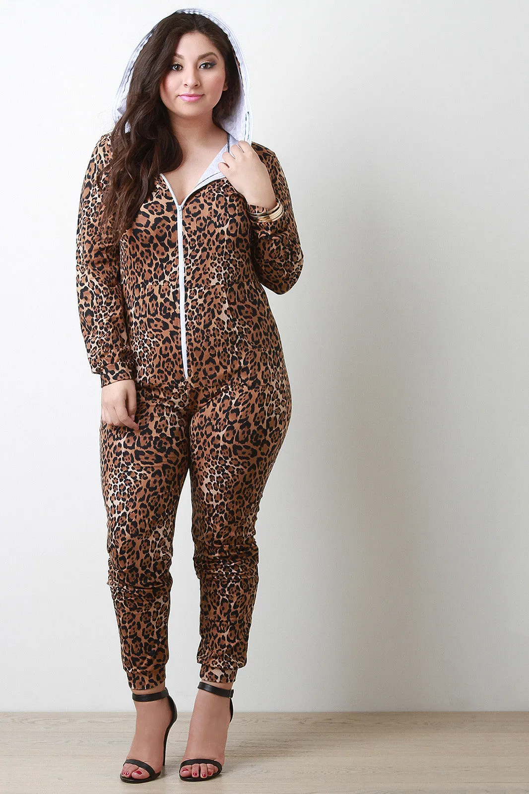 Cheetah Zipper Hoodie Jumpsuit