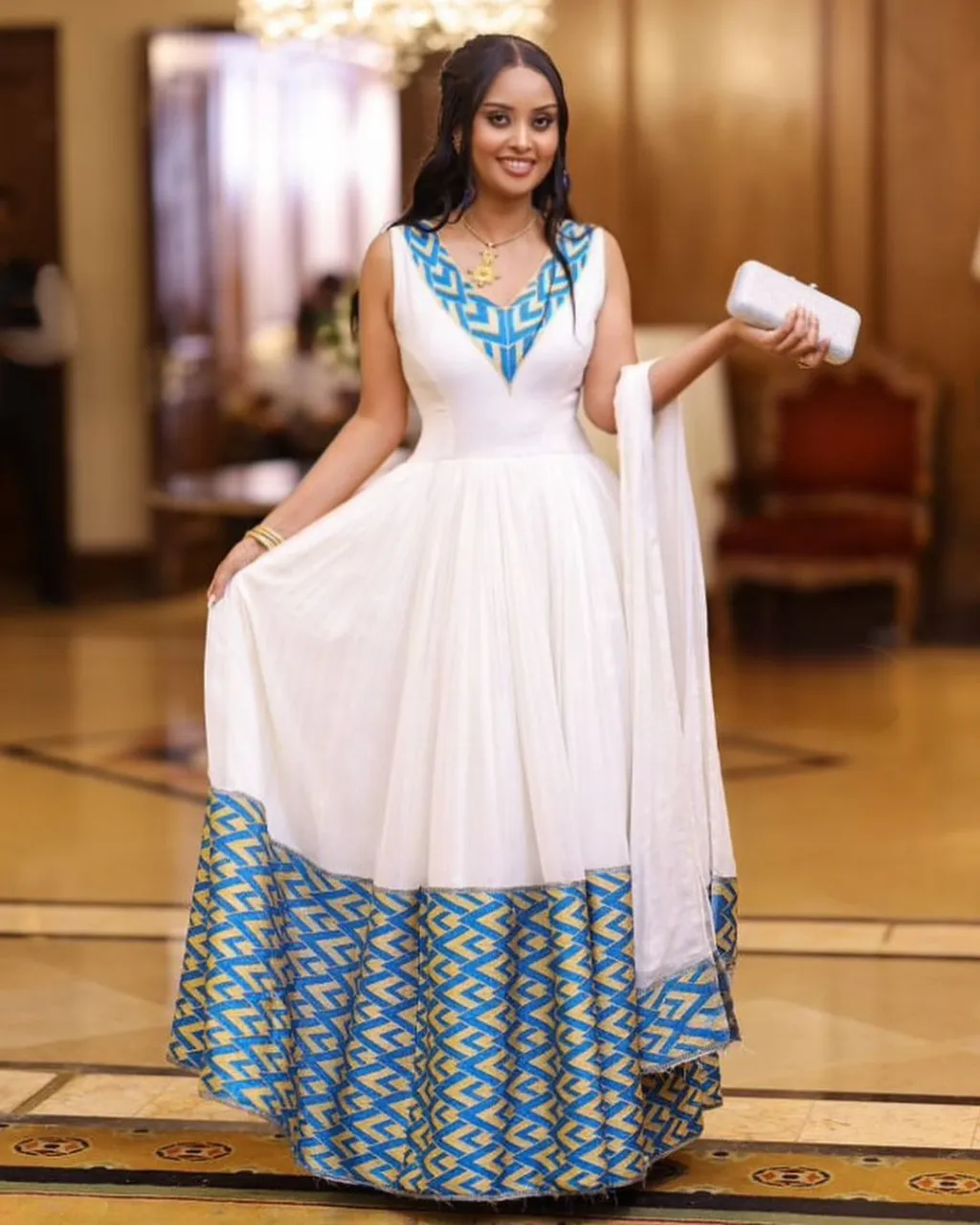 Chic Sleeveless Blue Habesha Dress: Contemporary Look with Traditional Ethiopian Dress for Any Events Habesha Kemis