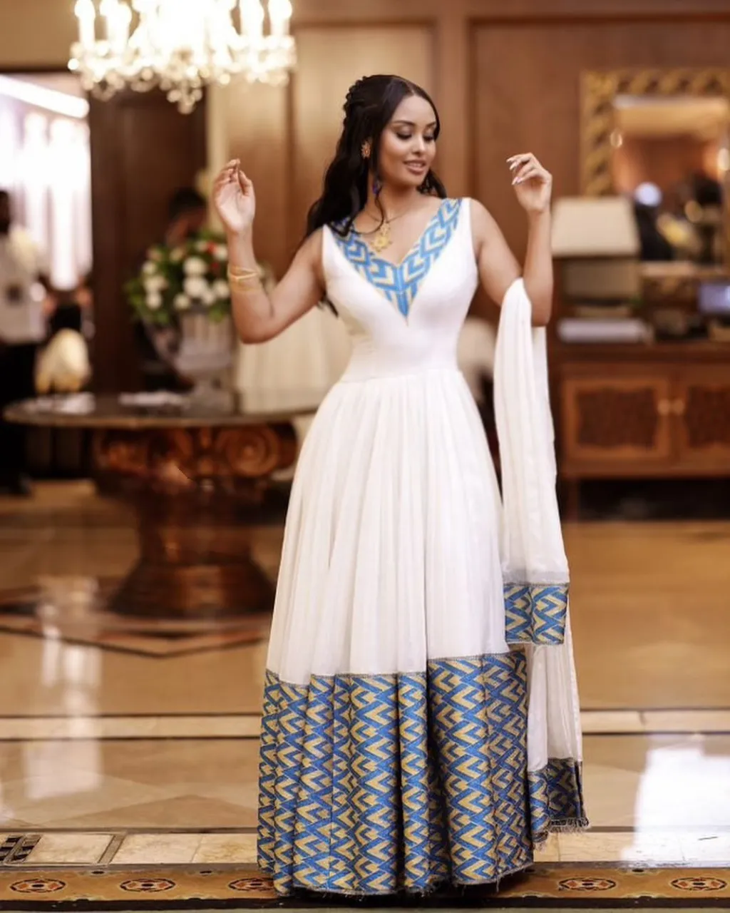 Chic Sleeveless Blue Habesha Dress: Contemporary Look with Traditional Ethiopian Dress for Any Events Habesha Kemis