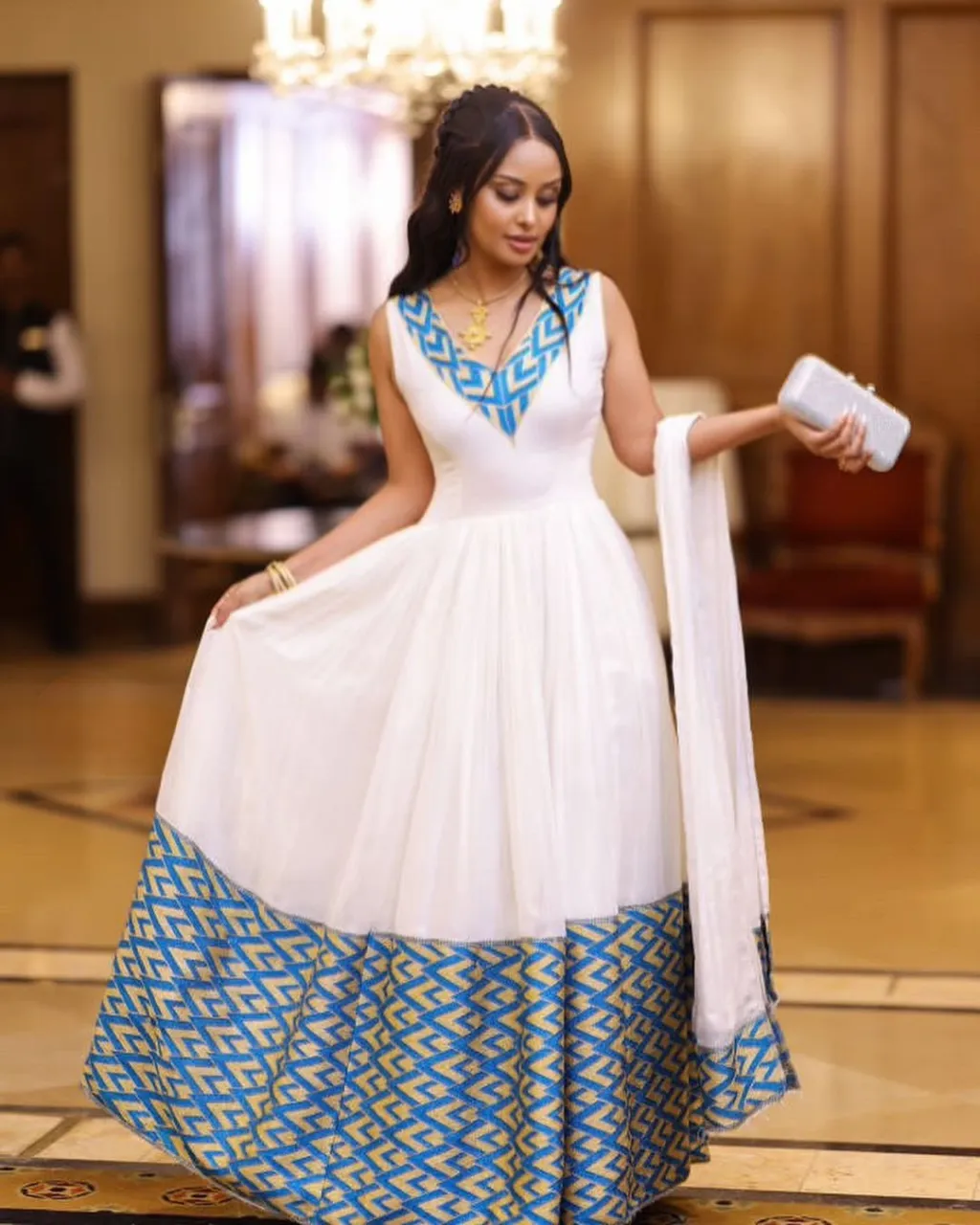 Chic Sleeveless Blue Habesha Dress: Contemporary Look with Traditional Ethiopian Dress for Any Events Habesha Kemis