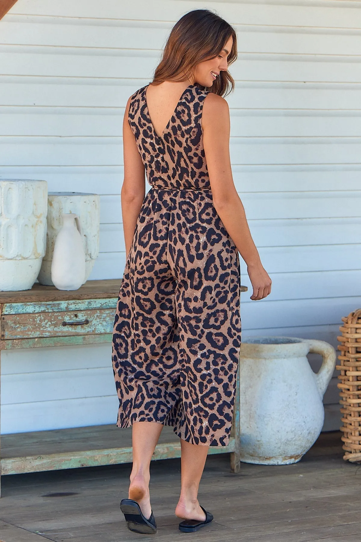 Claire Tie Waist Brown Animal Print Jumpsuit