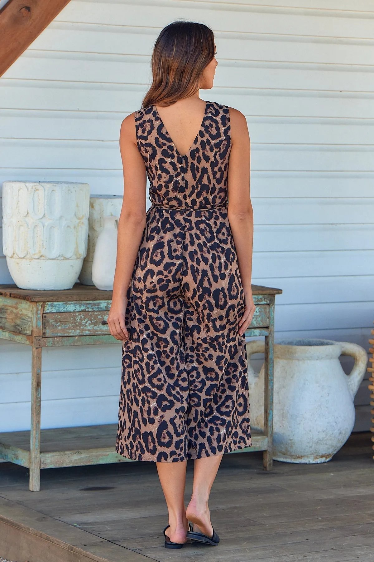 Claire Tie Waist Brown Animal Print Jumpsuit