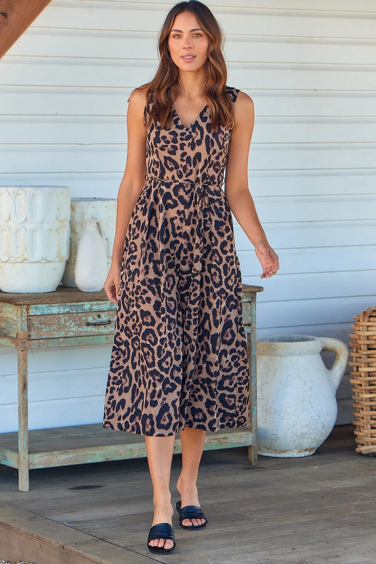 Claire Tie Waist Brown Animal Print Jumpsuit