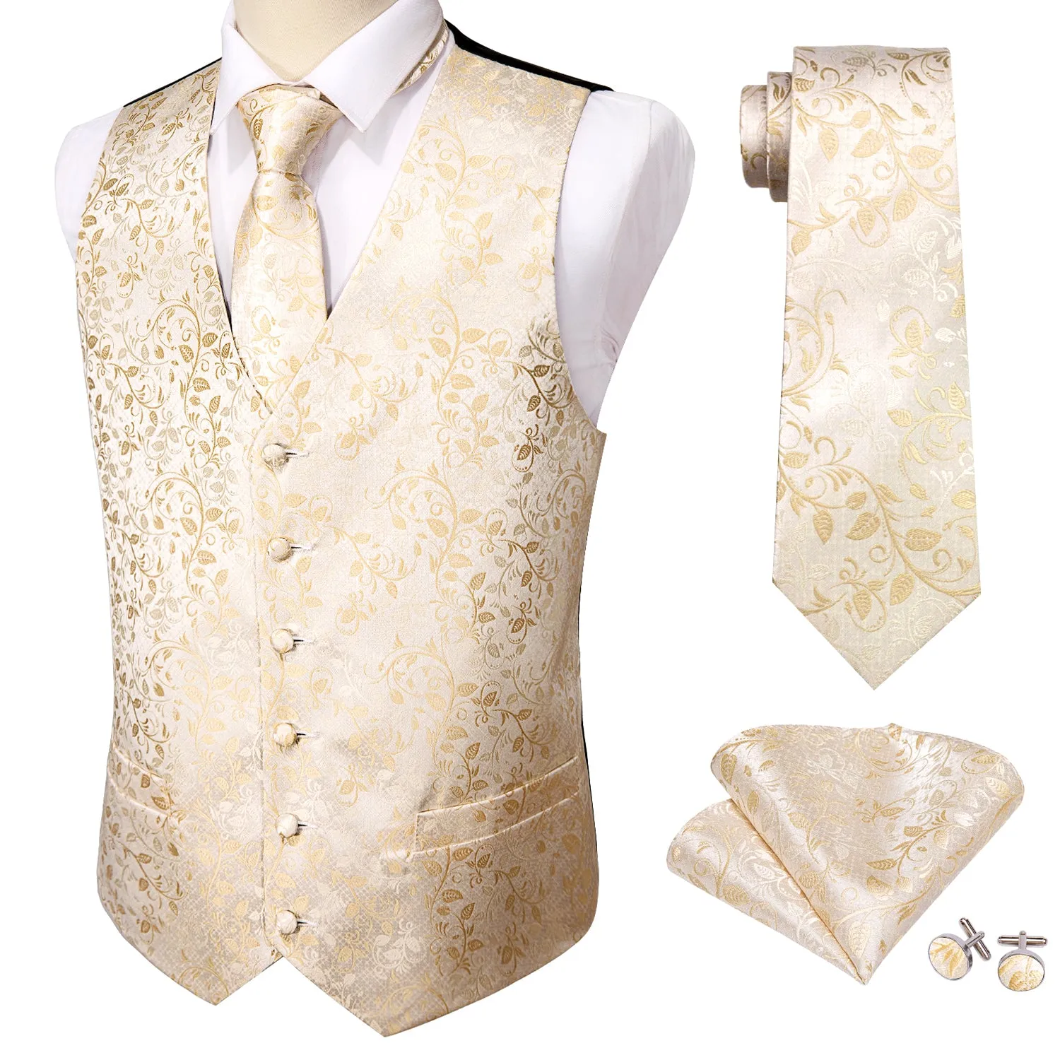 Classic Champagne Floral Jacquard Silk Men's Vest Hanky Cufflinks Tie Set