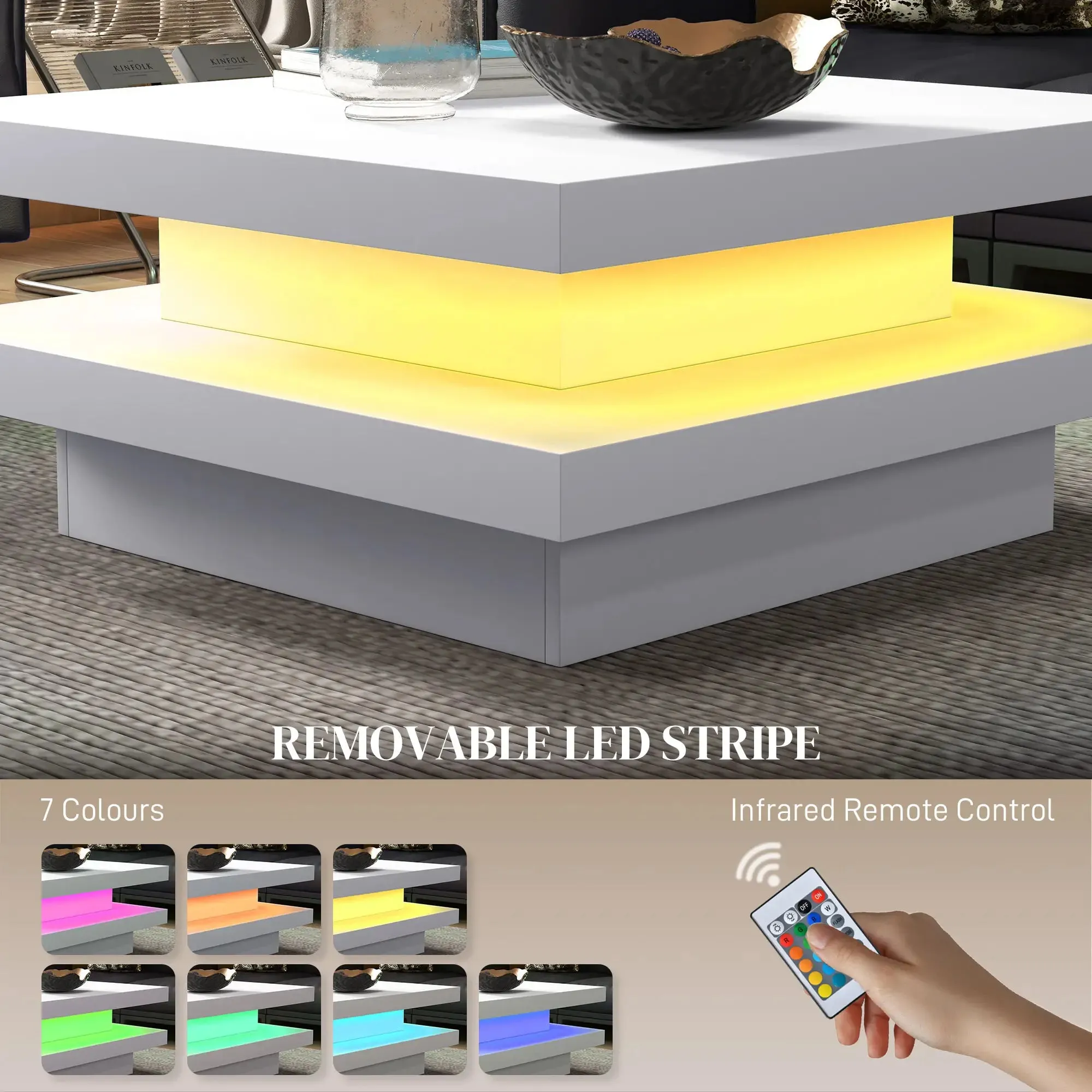 Coffee Table with 7 Led Lights in White