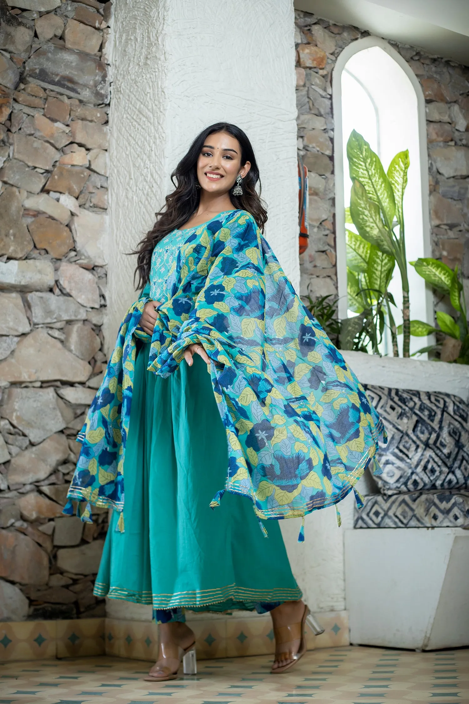 Cotton Blue Embroidered and Printed Anarkali Suit Set