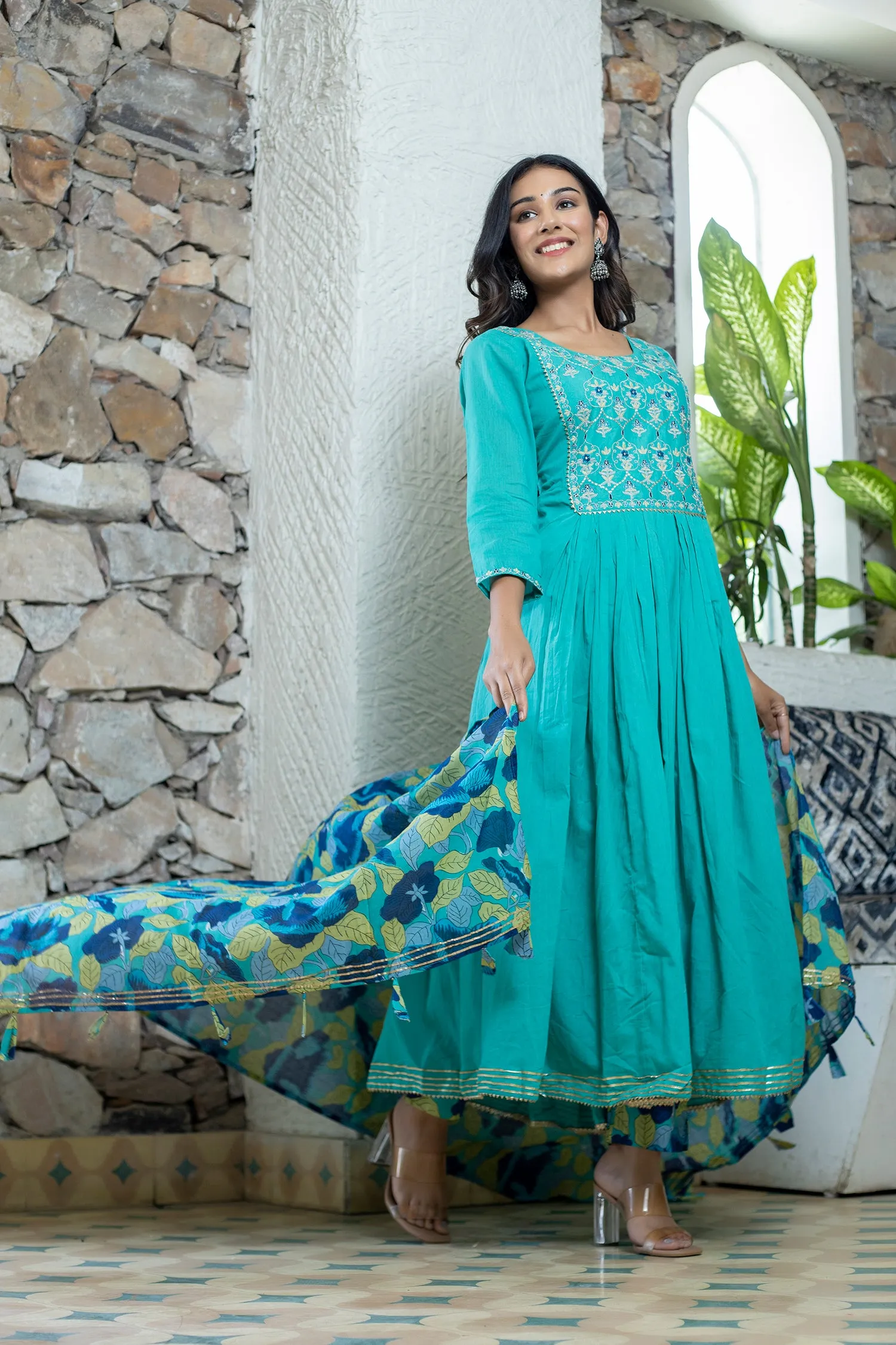 Cotton Blue Embroidered and Printed Anarkali Suit Set