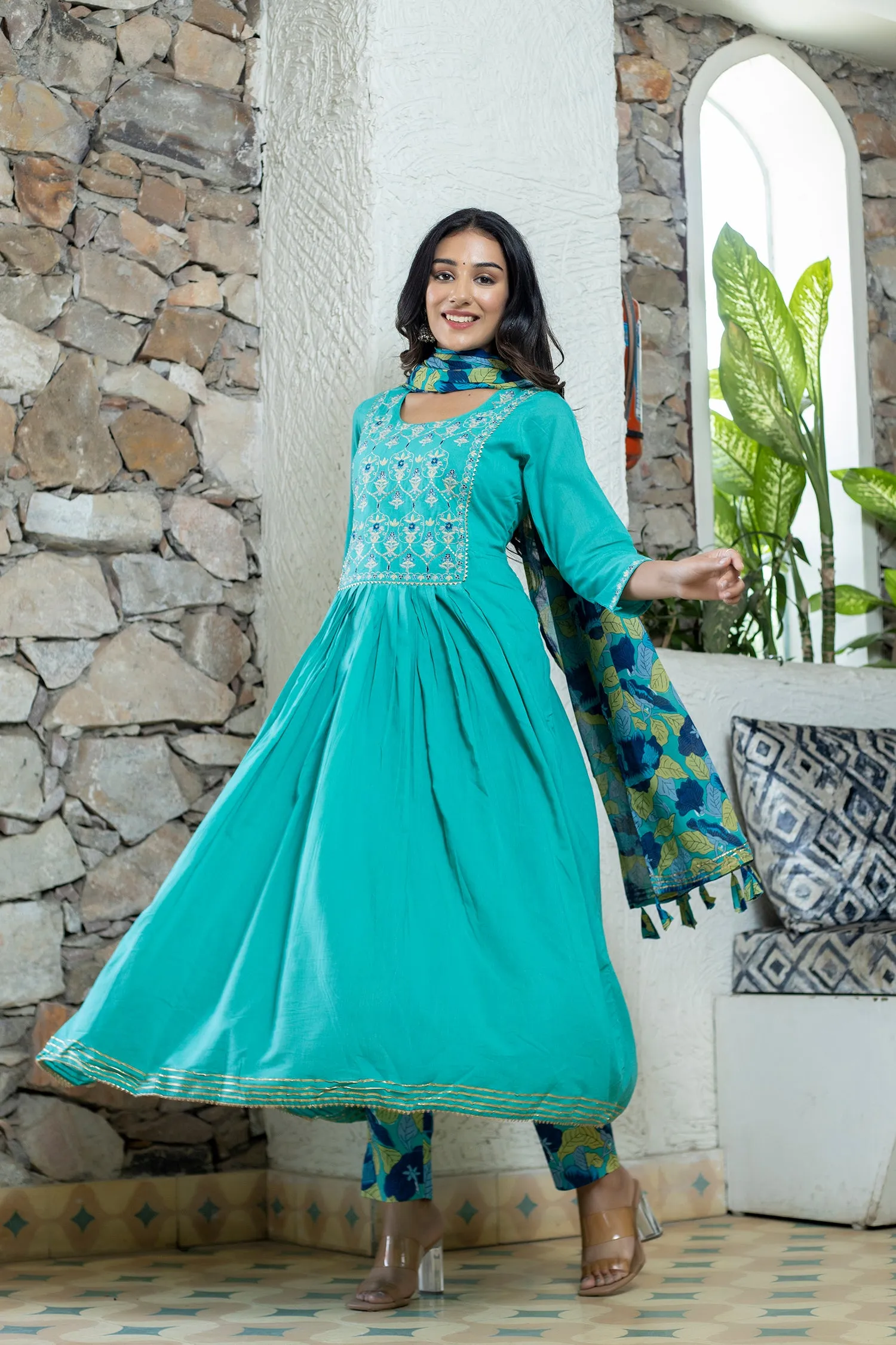 Cotton Blue Embroidered and Printed Anarkali Suit Set