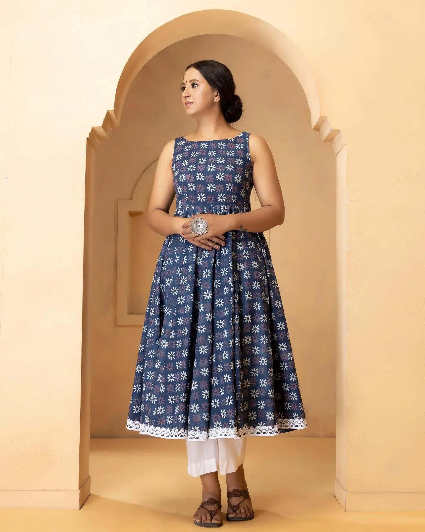 Cotton Blue Printed Anarkali Suit Set with Dupatta