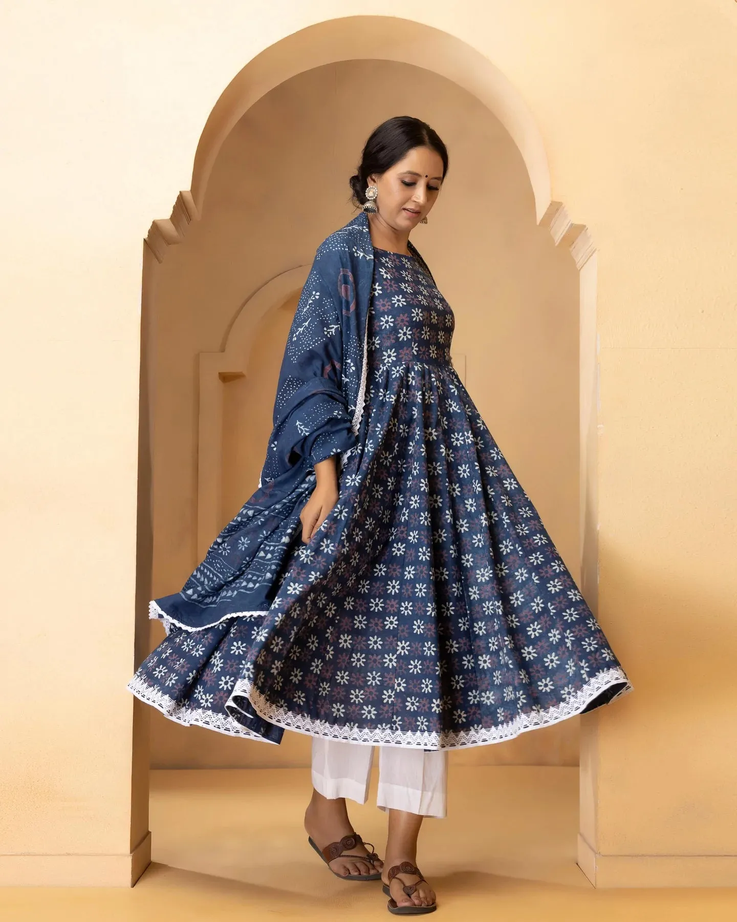 Cotton Blue Printed Anarkali Suit Set with Dupatta