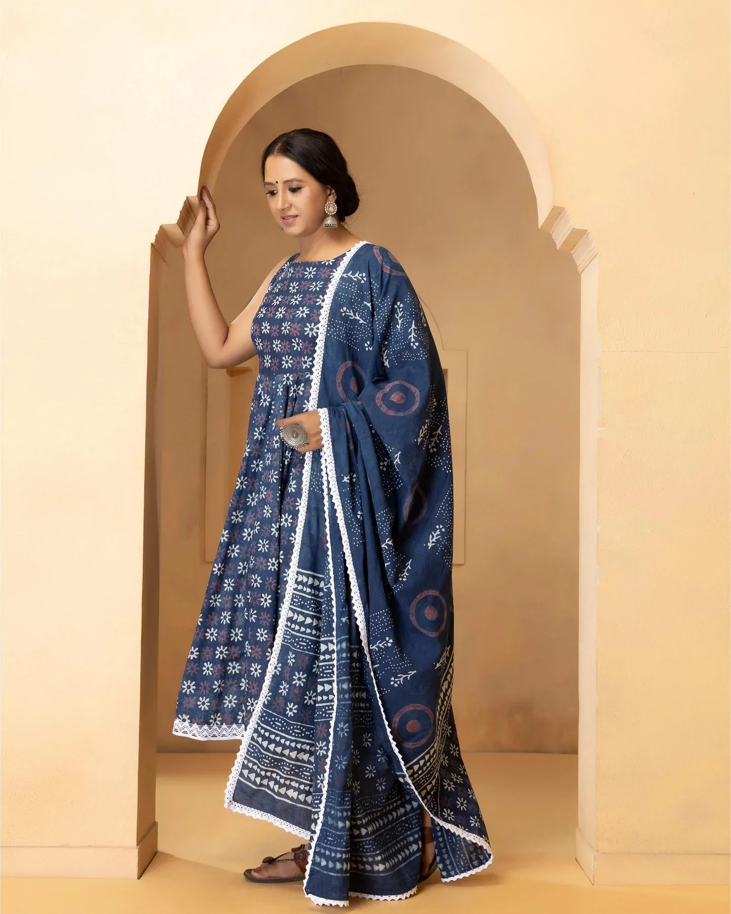 Cotton Blue Printed Anarkali Suit Set with Dupatta