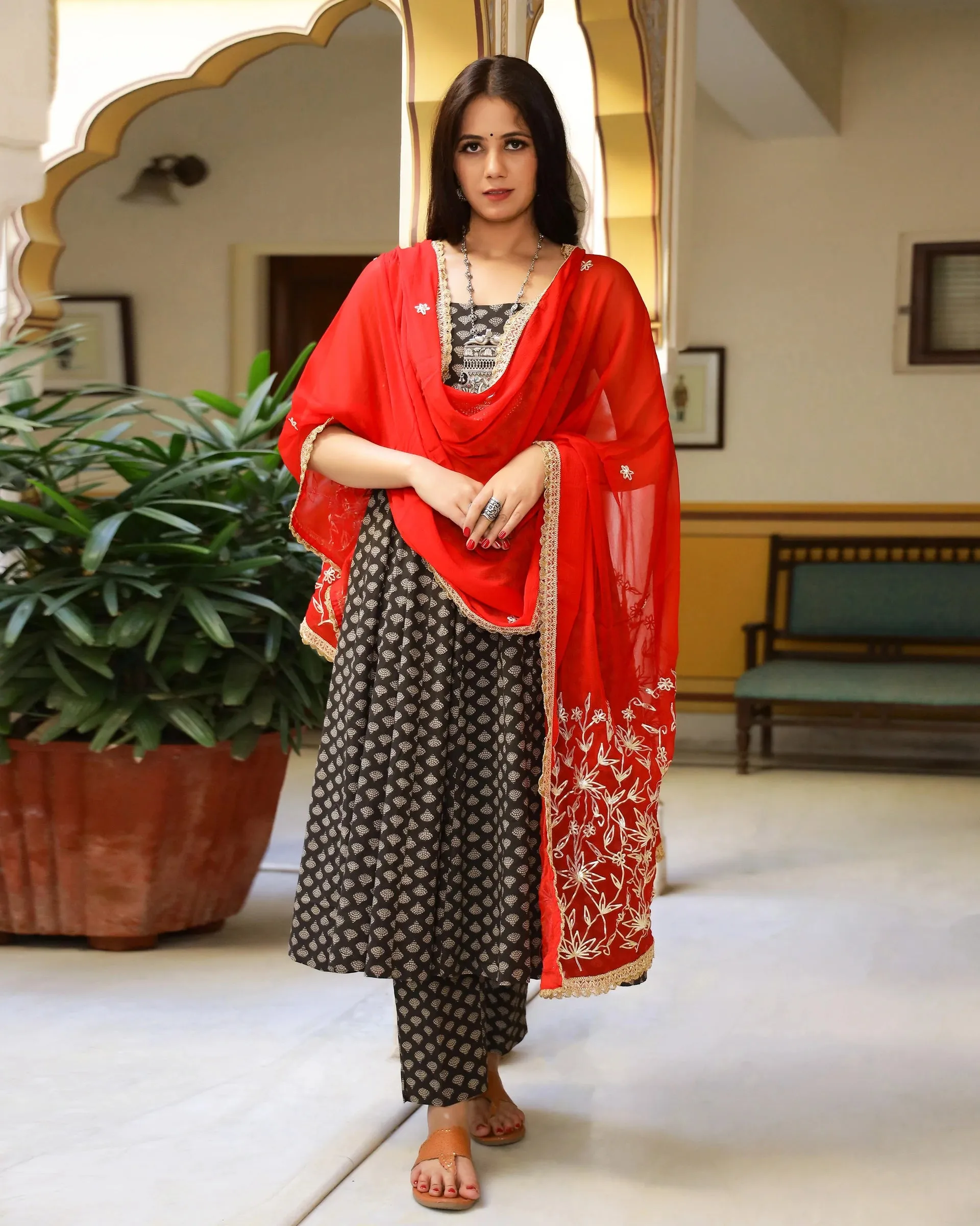 Cotton Brown and Red Kurta Pant Set with Chiffon Dupatta