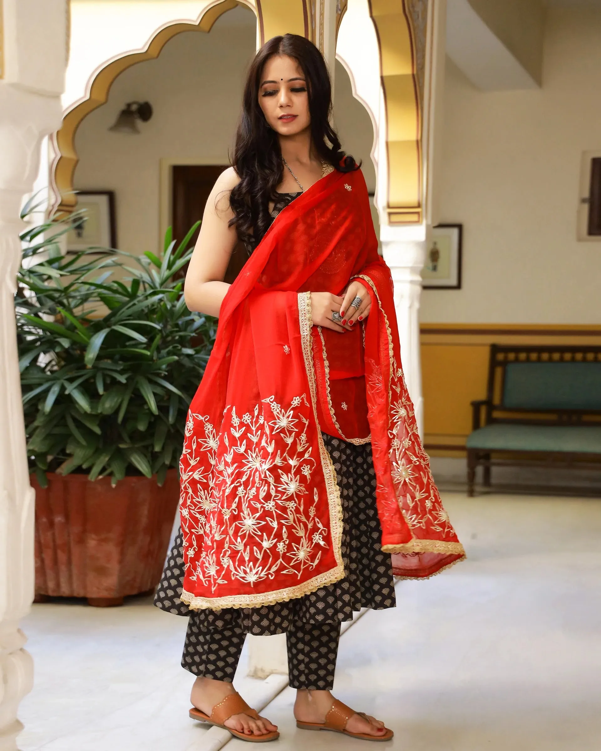 Cotton Brown and Red Kurta Pant Set with Chiffon Dupatta