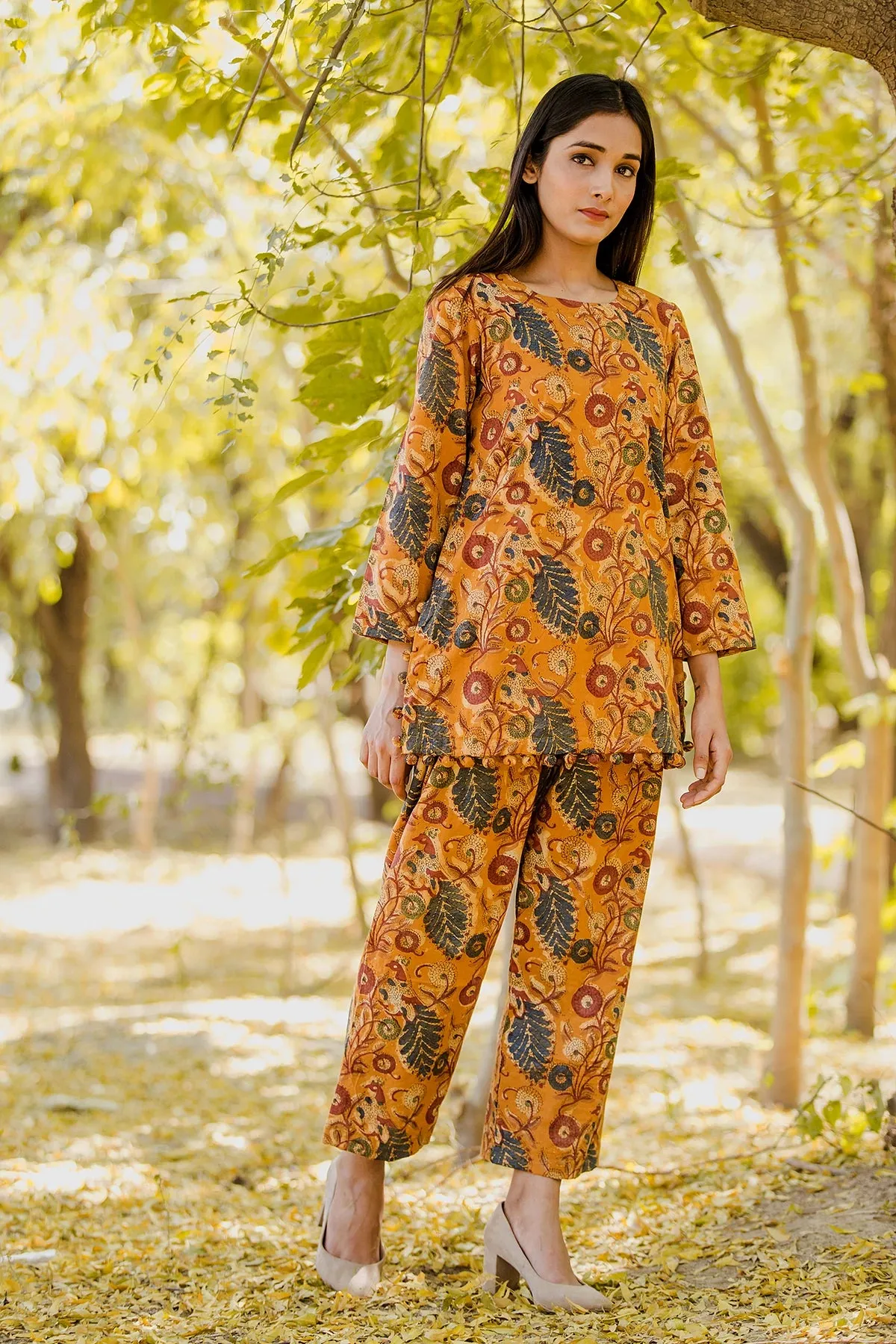 Cotton Muslin Yellow Printed Shirt Pant Set