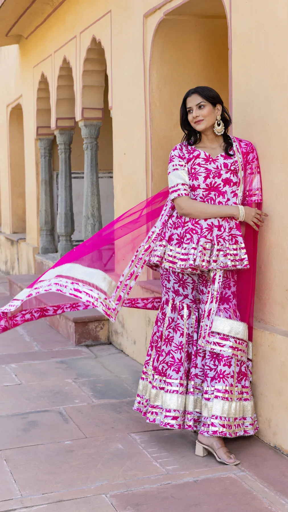 Cotton Pink & White Printed & Lace Detailing Sharara Set with Soft Net Dupatta