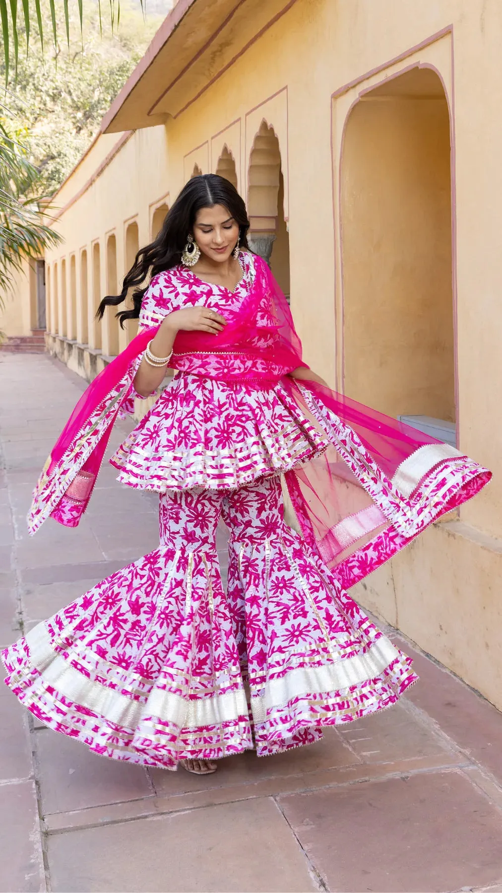 Cotton Pink & White Printed & Lace Detailing Sharara Set with Soft Net Dupatta