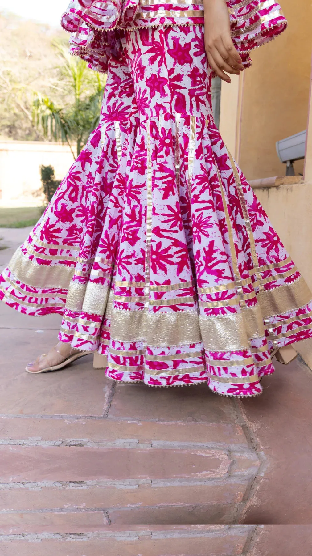 Cotton Pink & White Printed & Lace Detailing Sharara Set with Soft Net Dupatta