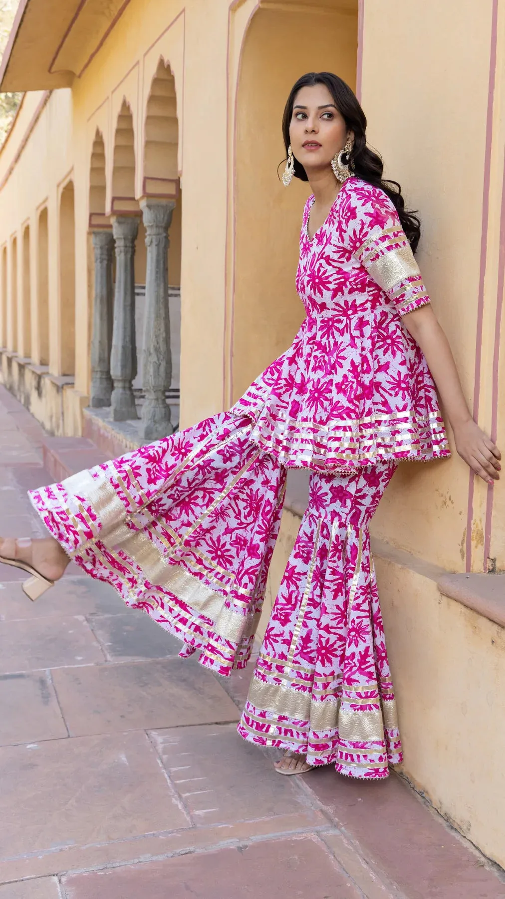 Cotton Pink & White Printed & Lace Detailing Sharara Set with Soft Net Dupatta