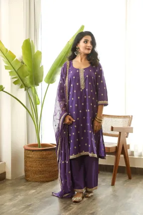 Cotton Purple Floral Embroidered Suit Set with Cotton Doriya Dupatta