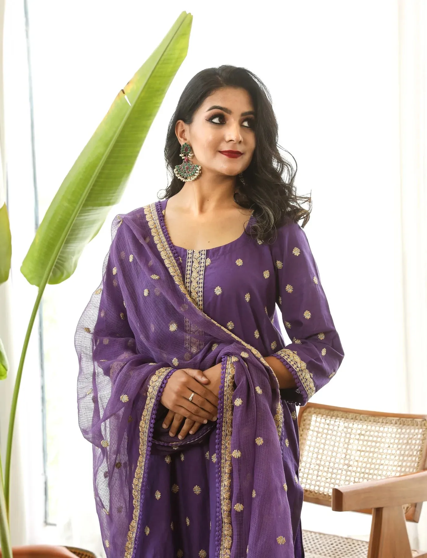 Cotton Purple Floral Embroidered Suit Set with Cotton Doriya Dupatta