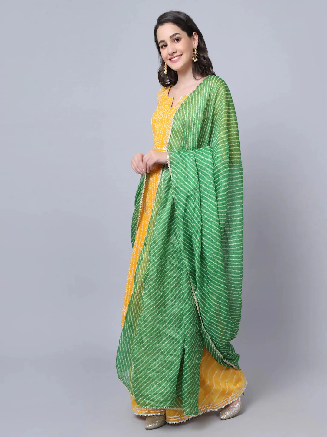 Cotton Yellow Bandhani Print Gota Detailing Kurta Suit Set with Green Kota Dupatta