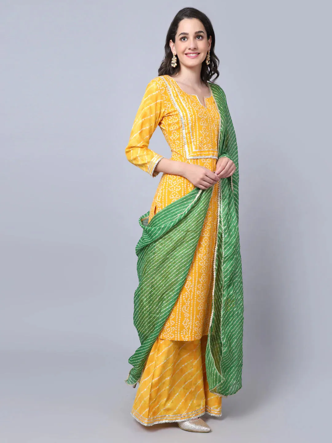 Cotton Yellow Bandhani Print Gota Detailing Kurta Suit Set with Green Kota Dupatta