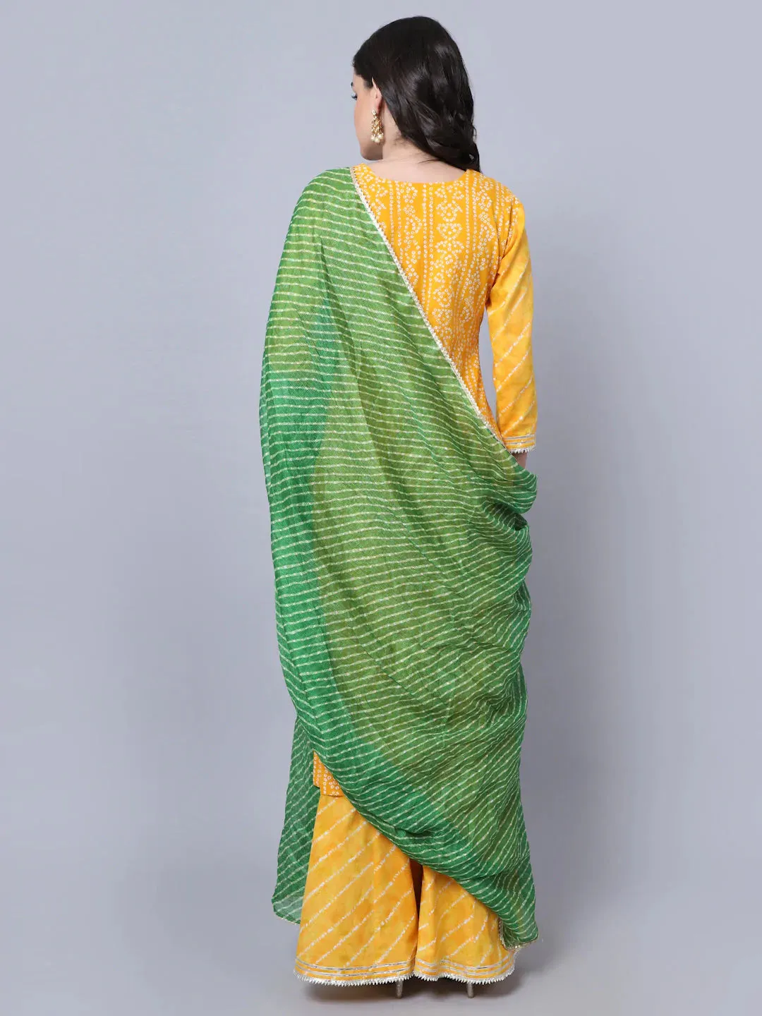 Cotton Yellow Bandhani Print Gota Detailing Kurta Suit Set with Green Kota Dupatta